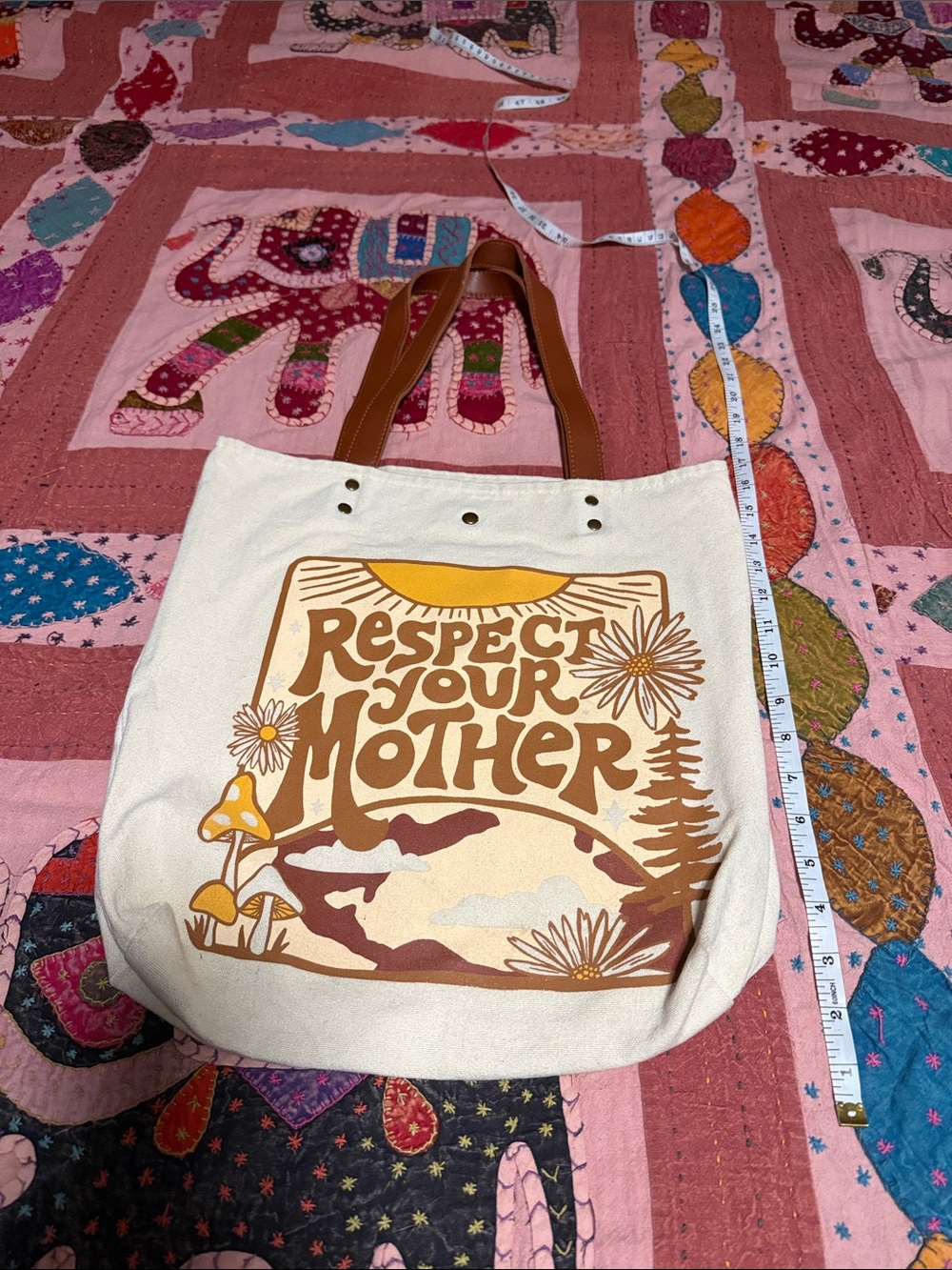Canvas Tote Bag - Cream "Respect Your Mother" Print with Brown Strap